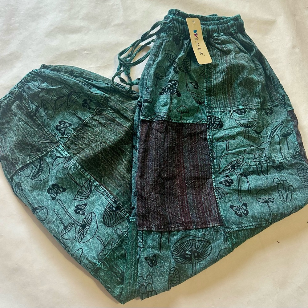 Blue Patchwork Pants with Mushroom Print